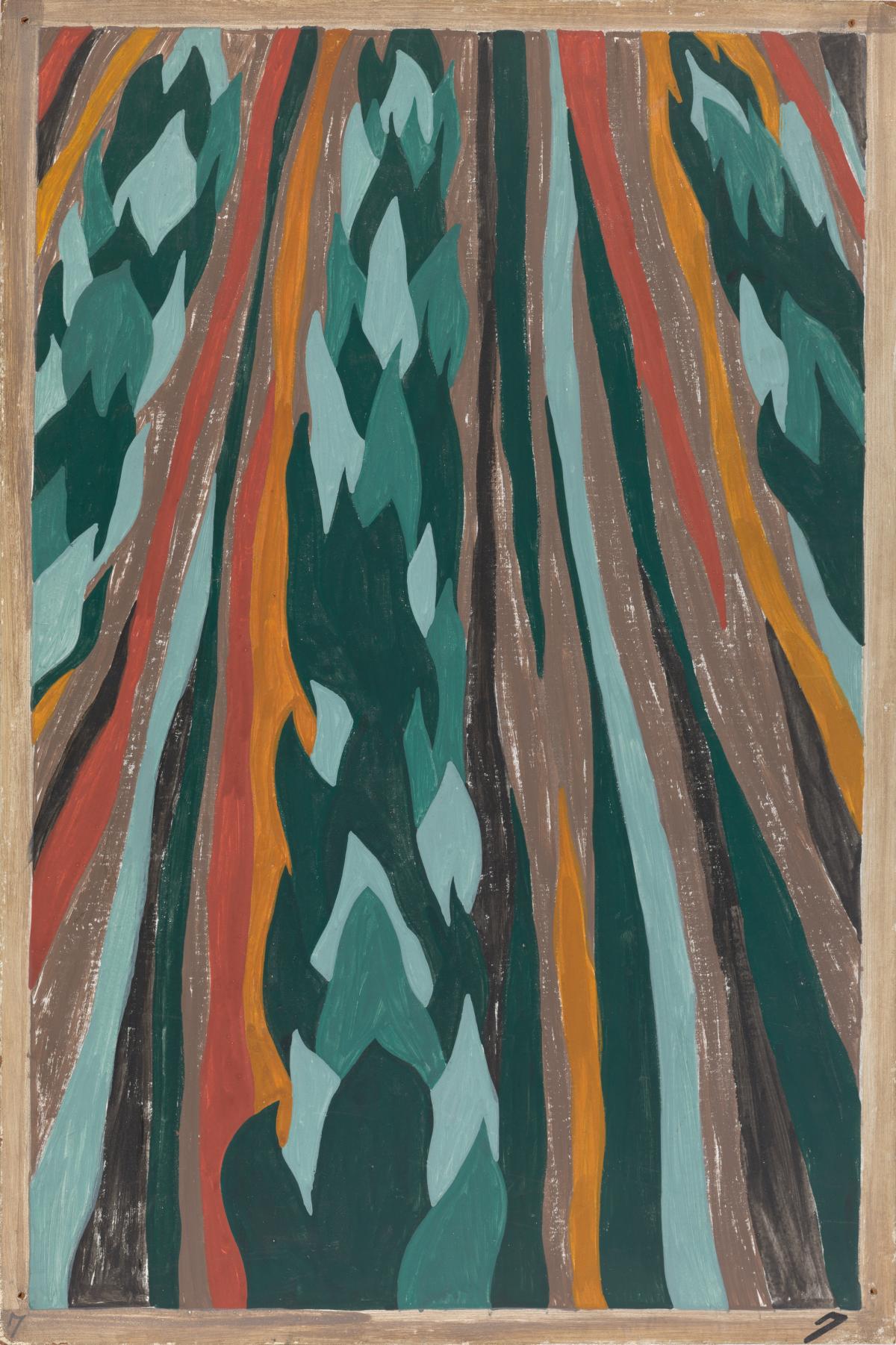 Vertical rows of abstract green plants alternatitng with rows of orange and red stripes.